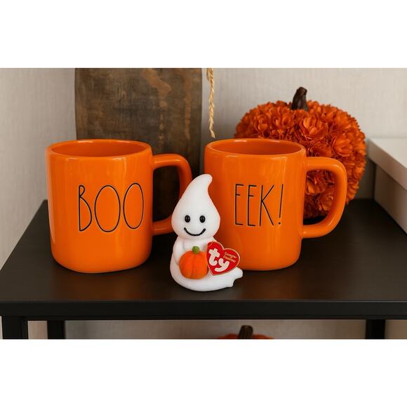 2 Rae Dunn Halloween Mugs BOO & EEK Orange Artisan Collection + TY Spooky Ghost - Picture 2 of 13